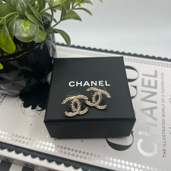 CHANEL Jewelry - *NEW* Authentic CHANEL 22V Gold Crystal CC Stud Earrings